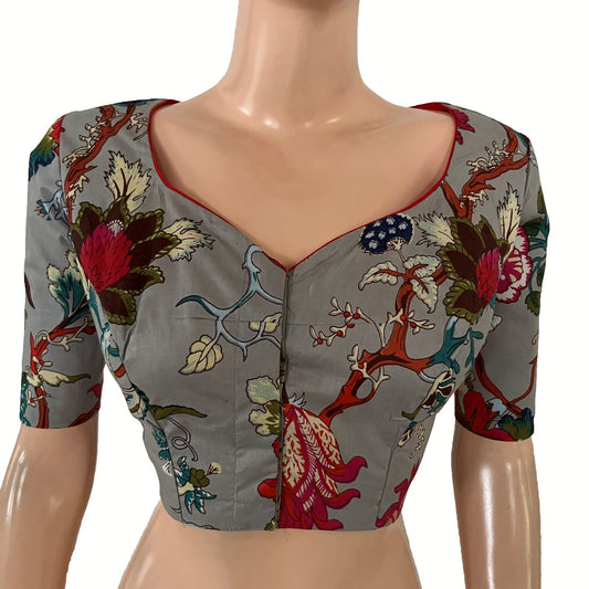 Printed Cotton Y Neck Blouse ,Grey,  BP1220