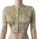 Embroidered Art Silk Close Neck Blouse with Lining, Beige, BS1161