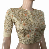 Embroidered Art Silk Close Neck Blouse with Lining, Beige, BS1161