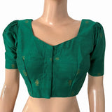 Semi Raw Silk Sweetheart neck Blouse with Golden Butta, Deep Scallop back, Puff sleeves & Lining, Teal Green, BS1182