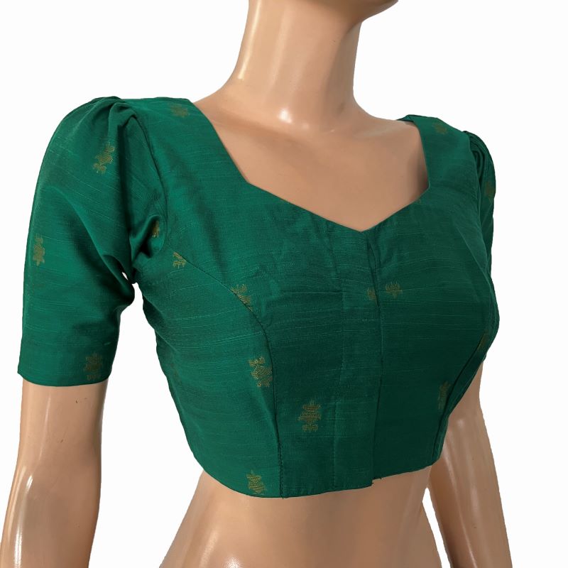 Green pure raw silk sweetheart neck blouse with broad zari border slee