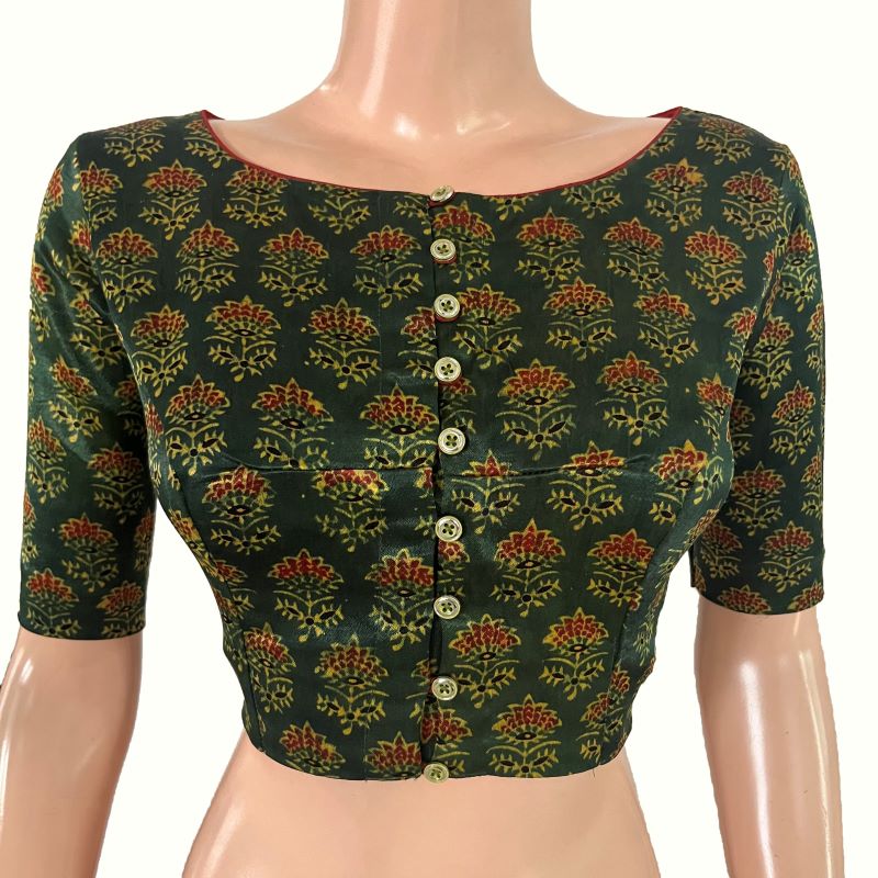 Ajrakh Block Printed Gajji Silk Boat Neck blouse with Button Details, Green ,BS1184