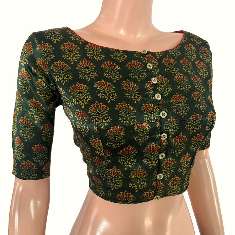 Ajrakh Block Printed Gajji Silk Boat Neck blouse with Button Details, Green ,BS1184