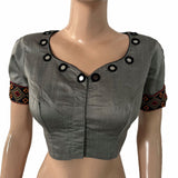 Semi-Raw Silk Y Neck Blouse with Embroidered Mirror Work & Puff Sleeves and  Lining ,Grey ,BS1188