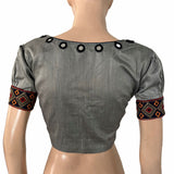 Semi-Raw Silk Y Neck Blouse with Embroidered Mirror Work & Puff Sleeves and  Lining ,Grey ,BS1188