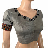 Semi-Raw Silk Y Neck Blouse with Embroidered Mirror Work & Puff Sleeves and  Lining ,Grey ,BS1188