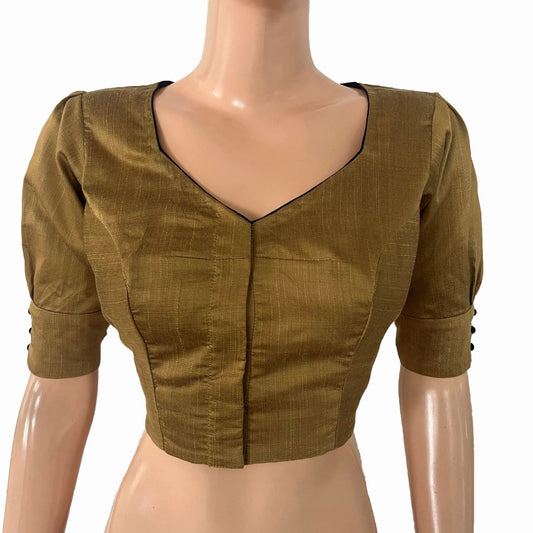 Semi-Raw Silk Sweetheart Neck  Blouse with Puff Sleeves, Lining  & Potli Button Details, Golden Brown ,BS1190