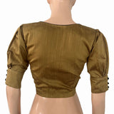 Semi-Raw Silk Sweetheart Neck  Blouse with Puff Sleeves, Lining  & Potli Button Details, Golden Brown ,BS1190