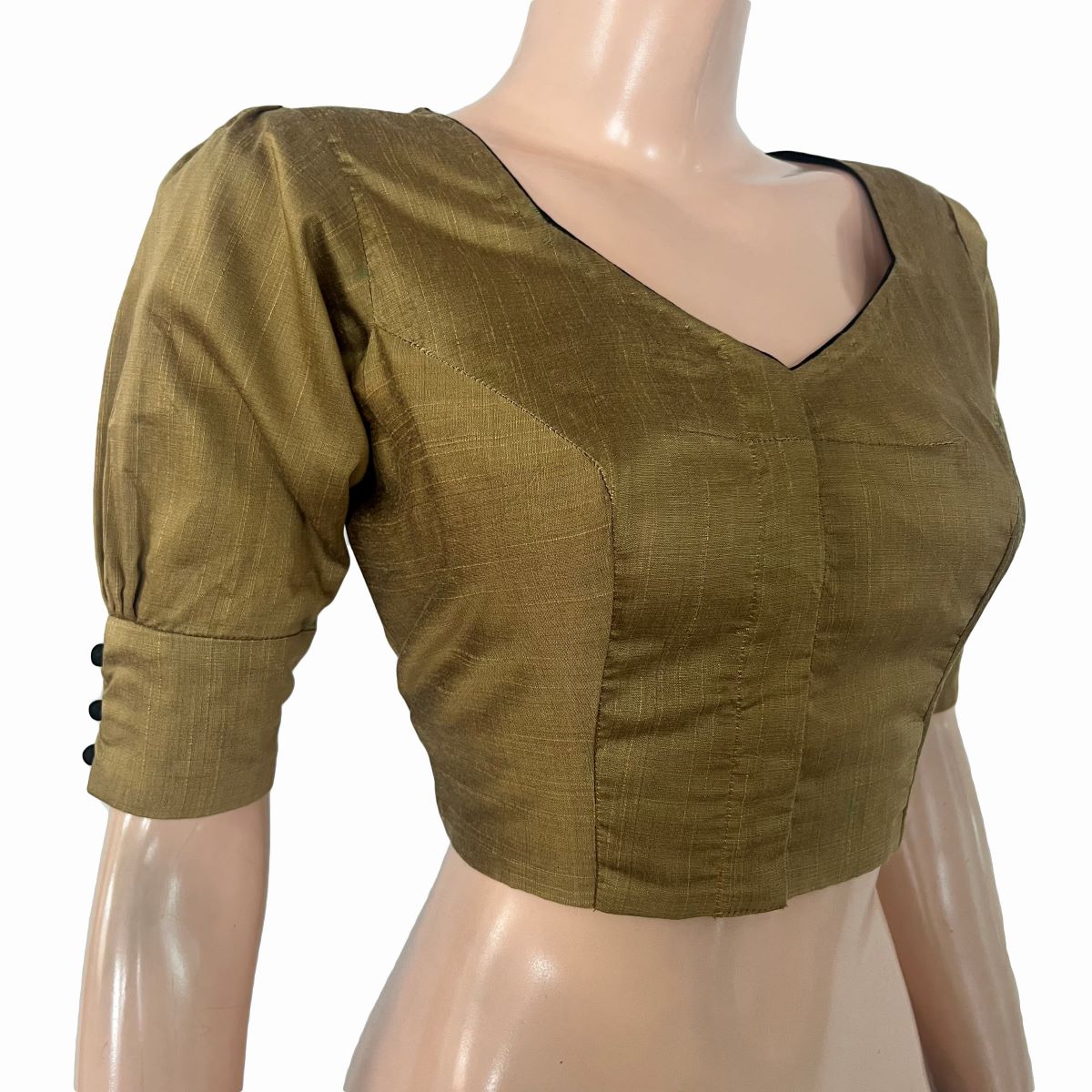 Semi-Raw Silk Sweetheart Neck  Blouse with Puff Sleeves, Lining  & Potli Button Details, Golden Brown ,BS1190