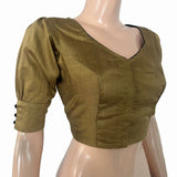 Semi-Raw Silk Sweetheart Neck  Blouse with Puff Sleeves, Lining  & Potli Button Details, Golden Brown ,BS1190