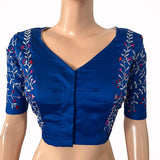 Embroidered Silk Cotton V neck Blouse with  Lining,  Royal blue, BW1145