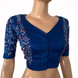 Embroidered Silk Cotton V neck Blouse with  Lining,  Royal blue, BW1145