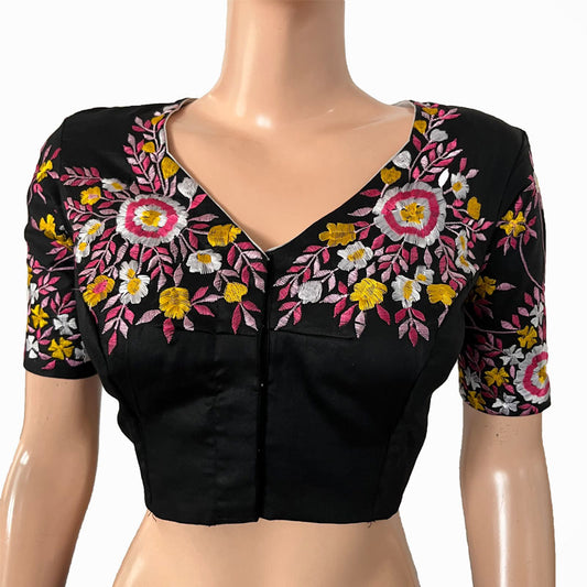 Embroidered Silk Cotton V neck Blouse with  Lining,  Black, BW1147