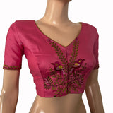 Embroidered Silk Cotton V neck Blouse with Short Sleeves & Lining,  Pink, BW1149