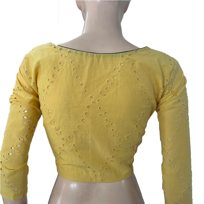 Cutwork Cotton V neck Blouse with Lining,  Mustard Yellow, BW1154