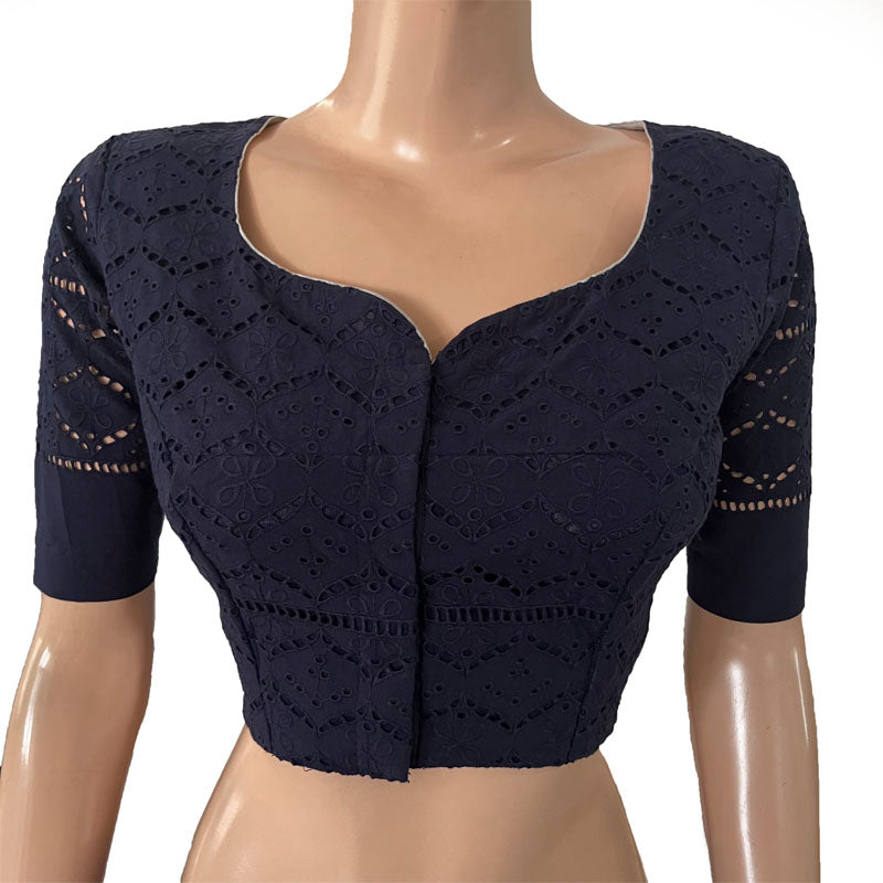 Hakoba Cutwork Cotton Y neck Blouse with Lining,  Navy blue, BW1156