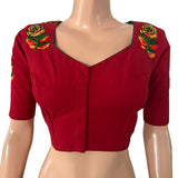 Embroidered Cotton Sweetheart neck Blouse with  Lining,  Red, BW1160