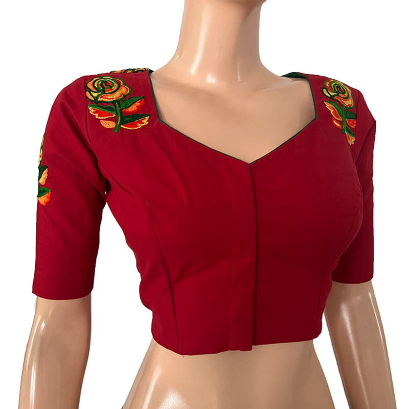 Embroidered Cotton Sweetheart neck Blouse with  Lining,  Red, BW1160