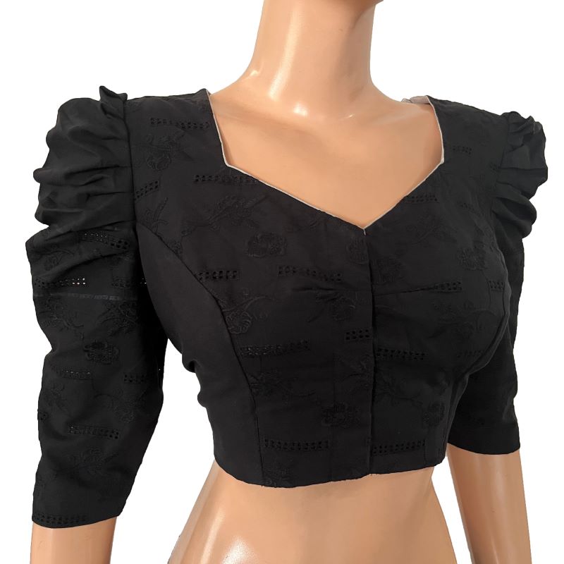 Hakoba Cotton Sweetheart neck Blouse with Gathered Puff Sleeves & Lining,  Black, BW1162