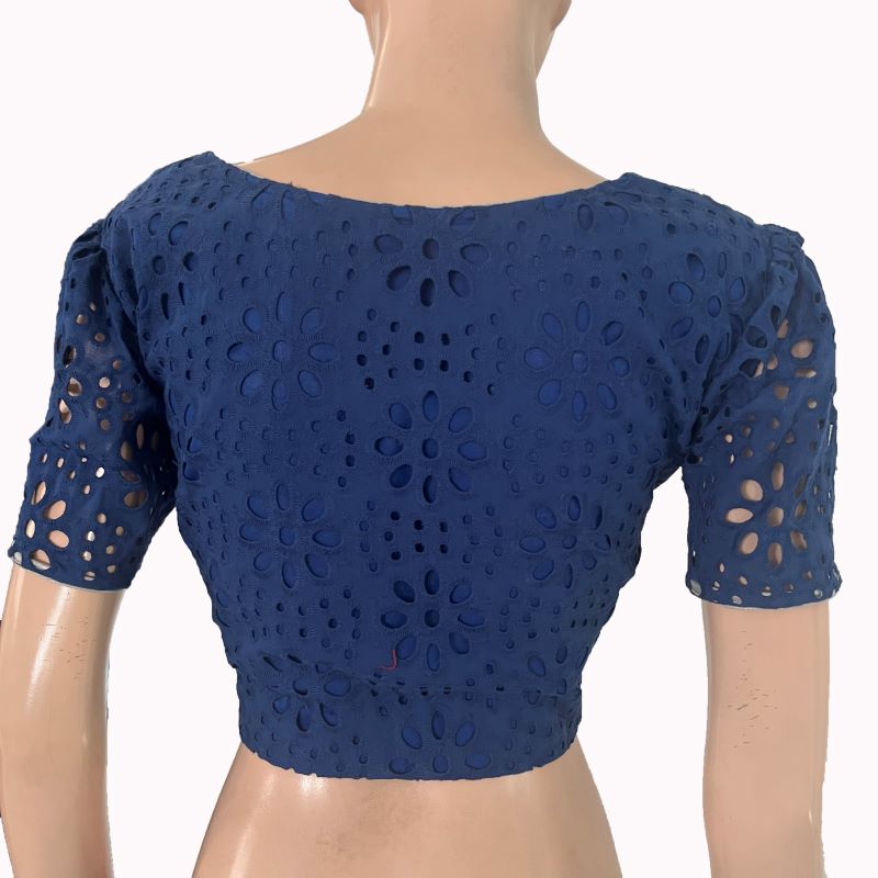 Hakoba Cut work Cotton Round Neck Blouse with Lining and Puff Sleeves , Deep blue , BW1171