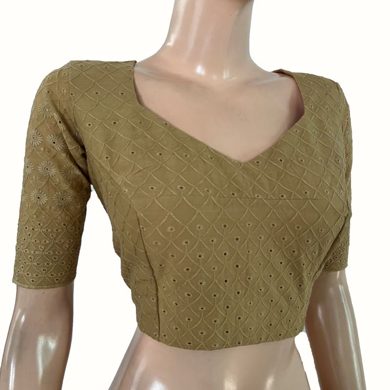 Hakoba Cut work Cotton Sweetheart Neck Blouse with Lining and Back Zip Opening , Beige , BW1172