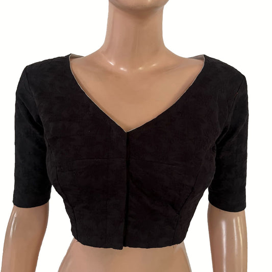 Hakoba Cutwork Cotton V Neck Blouse with Lining , Black , BW1177