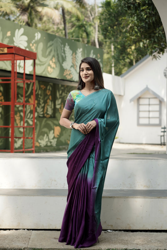 Ombre Modal Silk Saree with Running Blouse Piece ,Teal Green and Royal Purple , SS1034