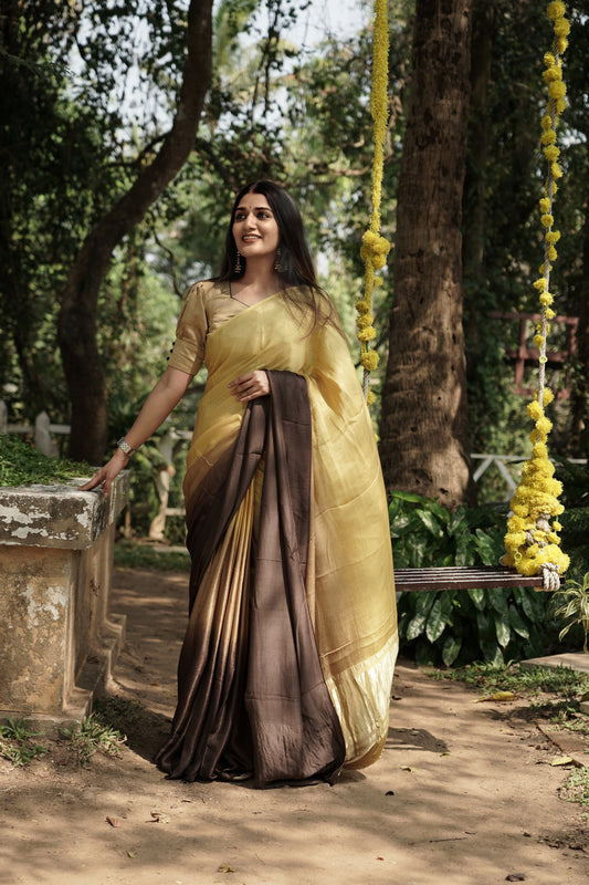 Golden Beige and Coffee Brown Ombre Modal Silk Saree with Tissue Pallu,   SS1035