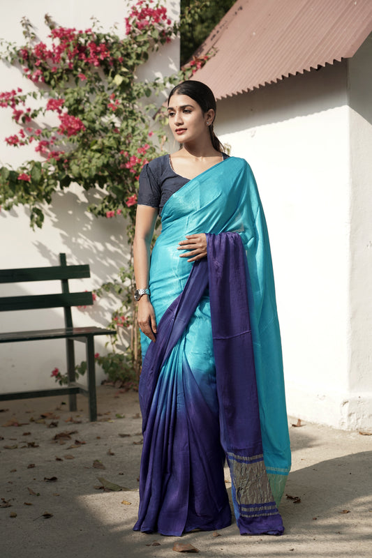 Ombre Blue Modal Silk Saree with Tissue Pallu & Running Blouse Piece, SS1036