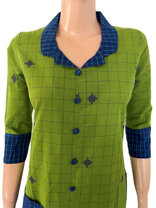 Jacquard Cotton Woven Staright Cut Kurta with Coat Collar , Parrot green , KH1081