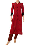 Jacquard Cotton Mandarin Collar Kurta with Potli Button Details, Red , KH1082