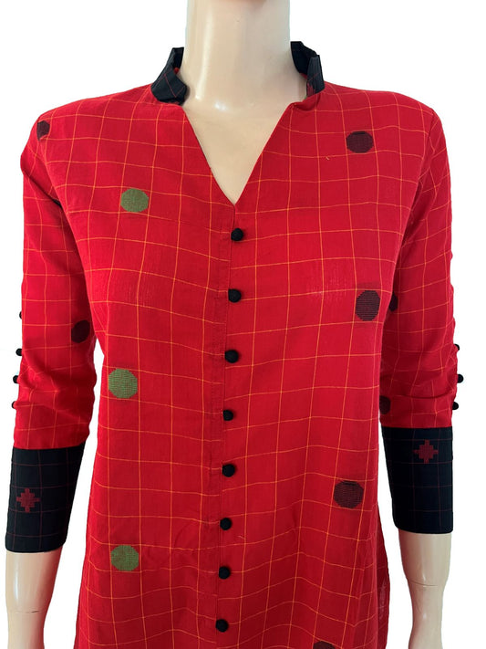 Jacquard Cotton Mandarin Collar Kurta with Potli Button Details, Red , KH1082