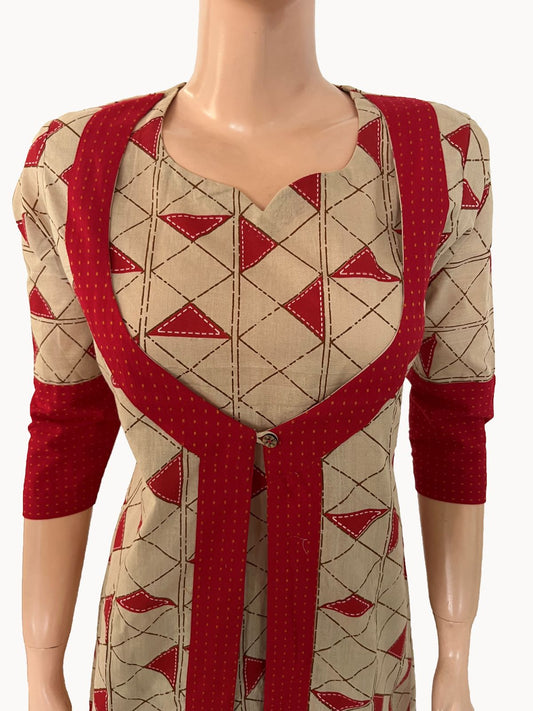 Handloom Printed Cotton Jacket Style Layered  kurta, Beige - Red , KP1098