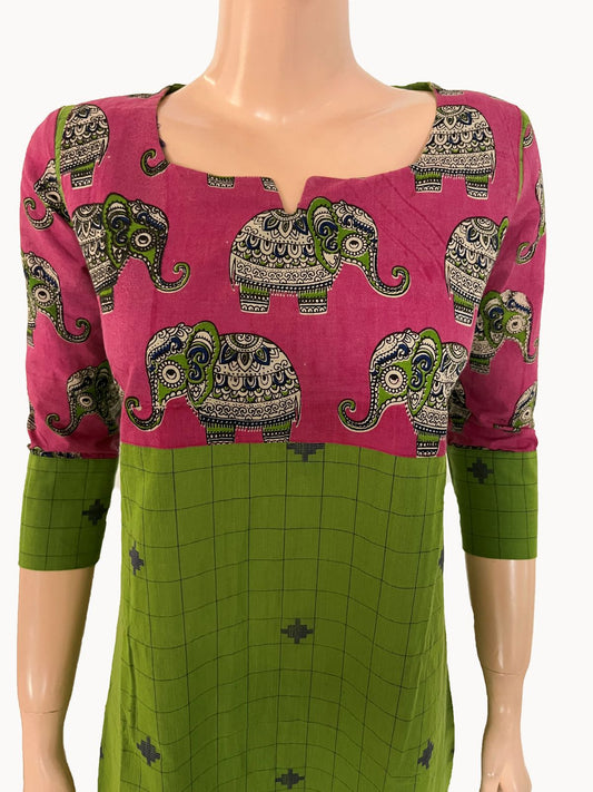 Jacquard Cotton Y Neck Kurta with Kalamkari Patches  and 3/4 Sleeves , Parrot green- Pink , KH1083