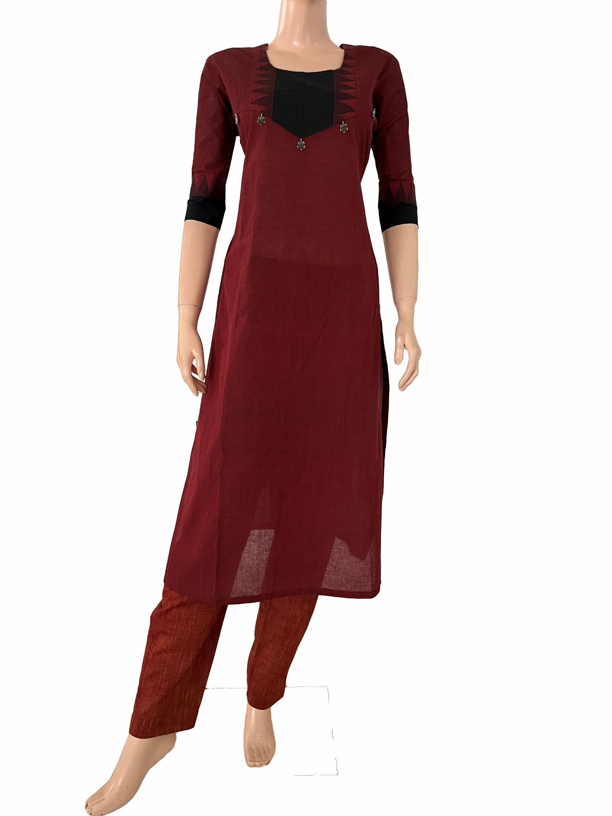 Mangalagiri Cotton Round Neck Straight Cut Kurta with Woven Thread Border and Metal Embellishment, Maroon -Black , KH1085