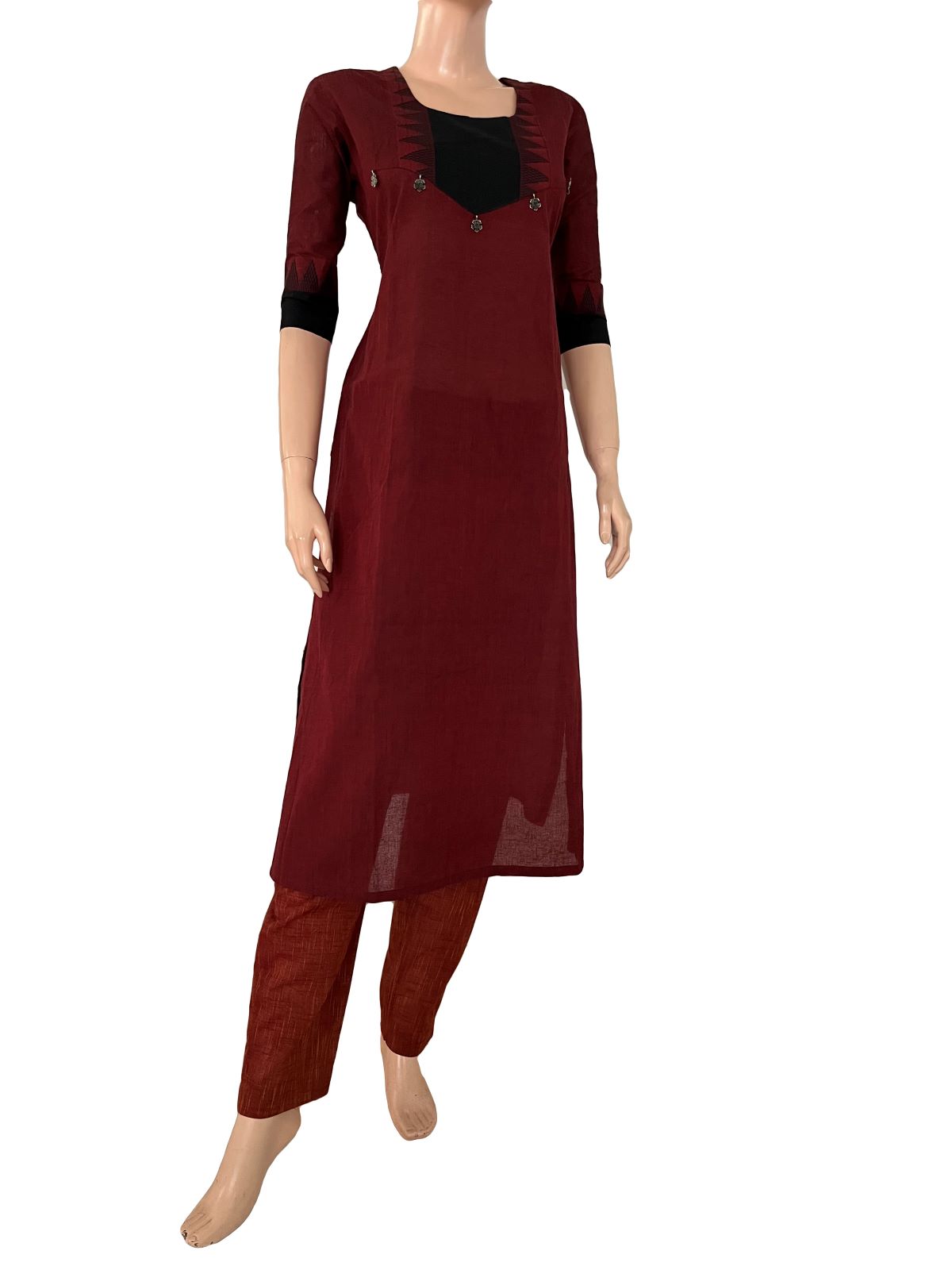 Mangalagiri Cotton Round Neck Straight Cut Kurta with Woven Thread Border and Metal Embellishment, Maroon -Black , KH1085