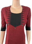 Mangalagiri Cotton Round Neck Straight Cut Kurta with Woven Thread Border and Metal Embellishment, Maroon -Black , KH1085