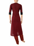 Mangalagiri Cotton Round Neck Straight Cut Kurta with Woven Thread Border and Metal Embellishment, Maroon -Black , KH1085