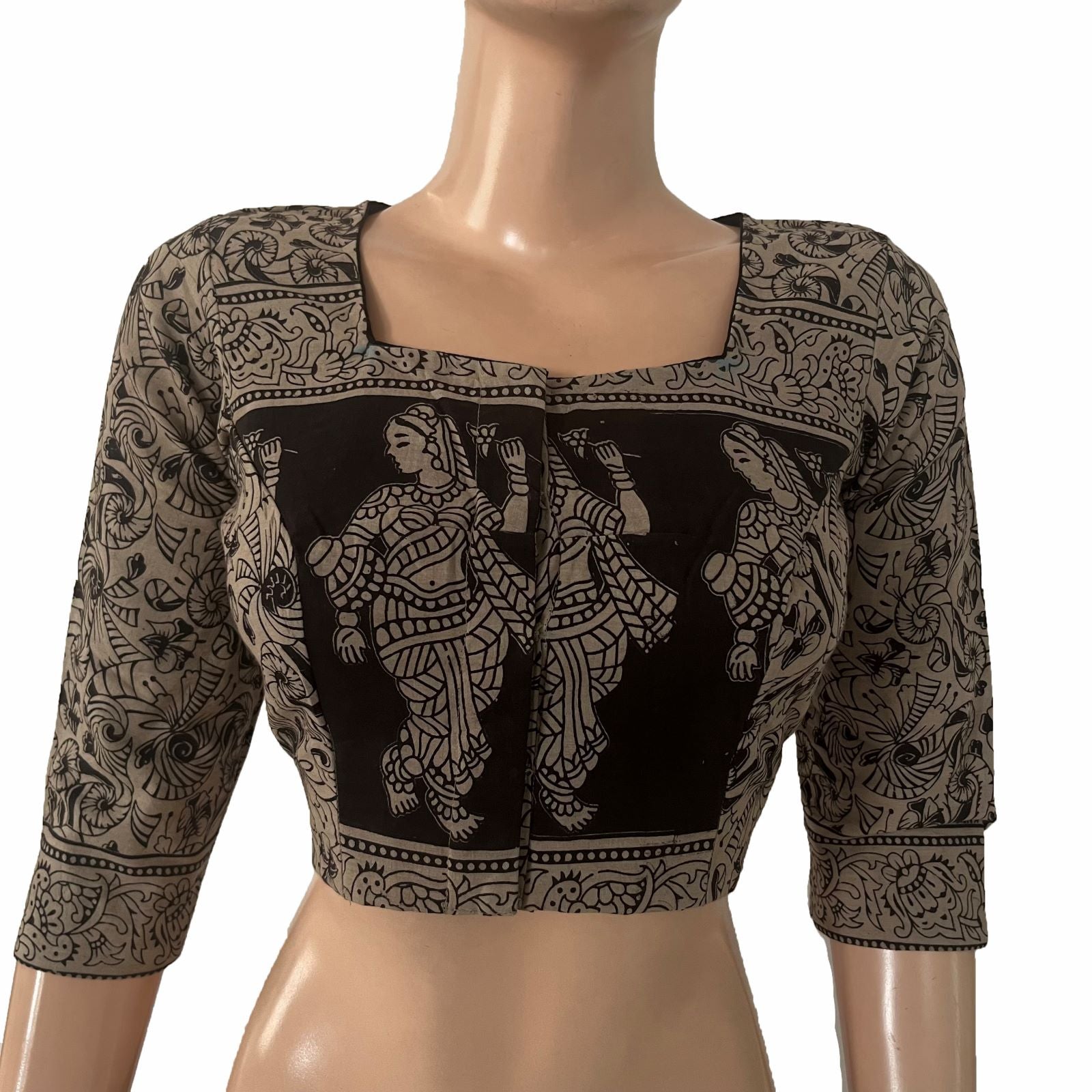 Kalamkari Cotton Square Neck Blouse with 3/4 Sleeves and Lining ,Beige - Black , BK1308