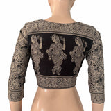 Kalamkari Cotton Square Neck Blouse with 3/4 Sleeves and Lining ,Beige - Black , BK1308