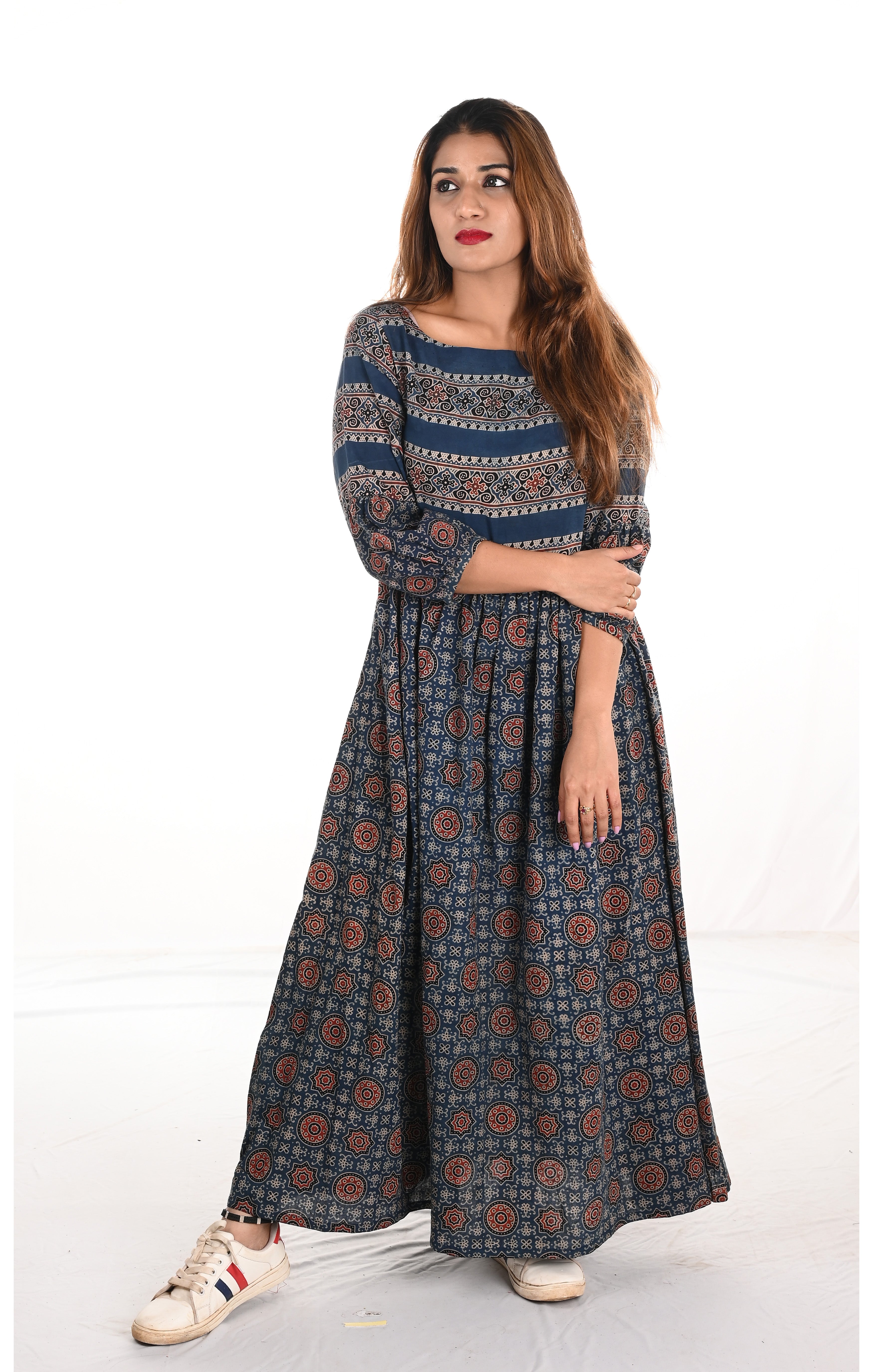 Pleated Ajrakh Cotton Boatneck Maxi Kurta,  Indigo blue,  KA1021