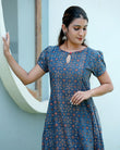 Ajrakh Cotton Boat neck Paneled Kurta with Puff Sleeves , Indigo Blue , KA1024