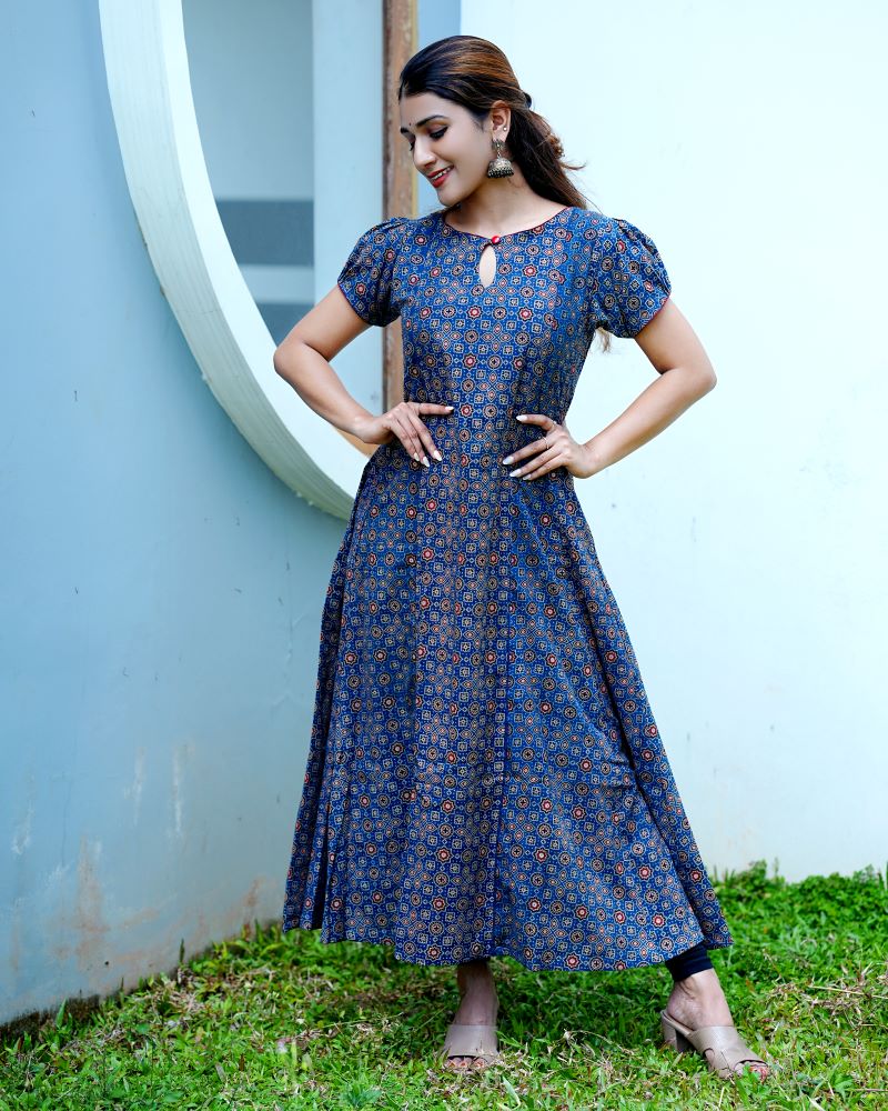 Ajrakh Cotton Boat neck Paneled Kurta with Puff Sleeves , Indigo Blue , KA1024