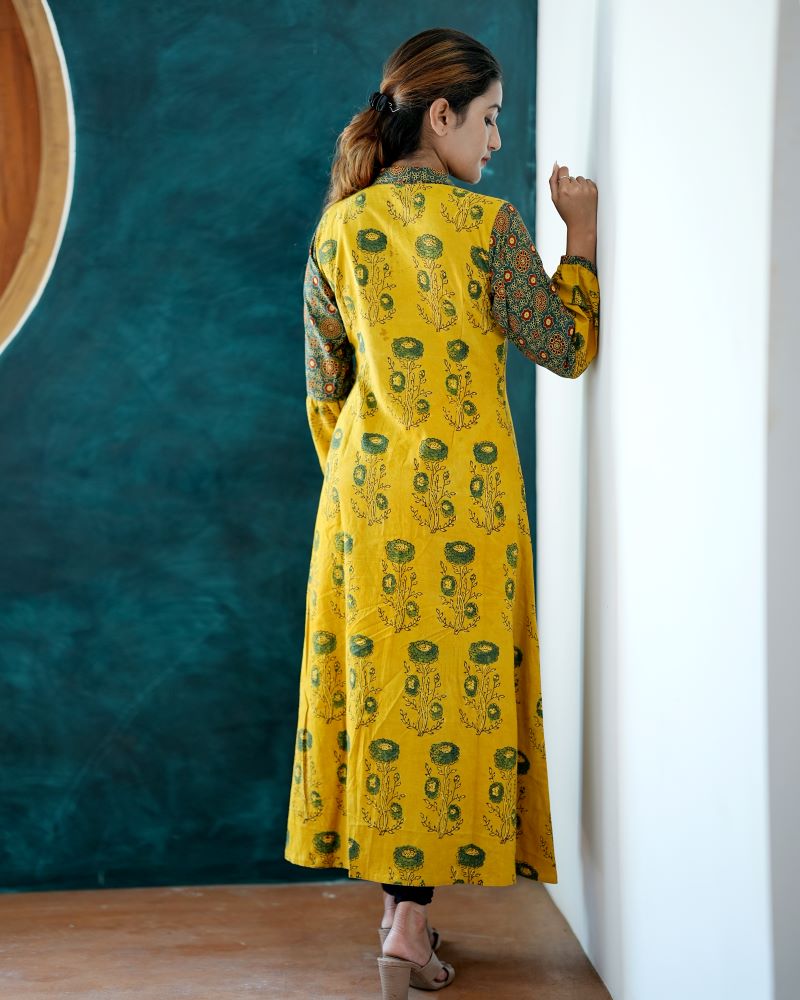 Ajrakh Cotton Collar neck A-Line Kurta with Gathered Sleeves & Wooden Button Details , Mustard- Yellow , KA1025