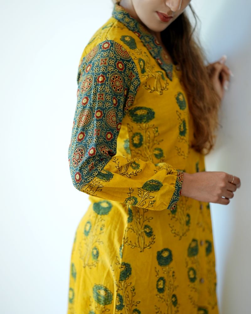 Ajrakh Cotton Collar neck A-Line Kurta with Gathered Sleeves & Wooden Button Details , Mustard- Yellow , KA1025