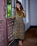 Ajrakh Cotton Y neck Straight cut Kurta with 3/4 Sleeves , Bottle Green, KA1028