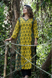 Ajrakh Cotton V neck Straight Cut Kurta with 3/4  Sleeves, Yellow- Green , KA1033