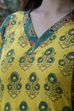 Ajrakh Cotton V neck Straight Cut Kurta with 3/4  Sleeves, Yellow- Green , KA1033