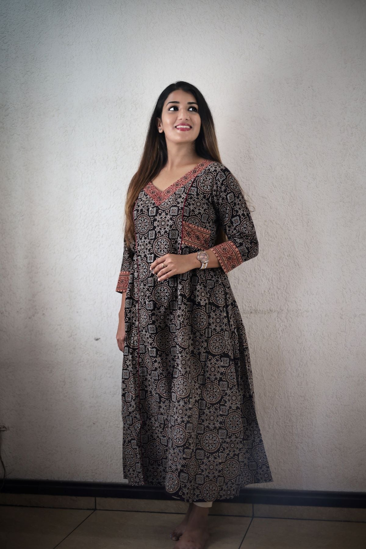 Ajrakh Cotton V Neck Pleated Kurta with 3/4 Sleeves and Piping Details, Black, KA1036