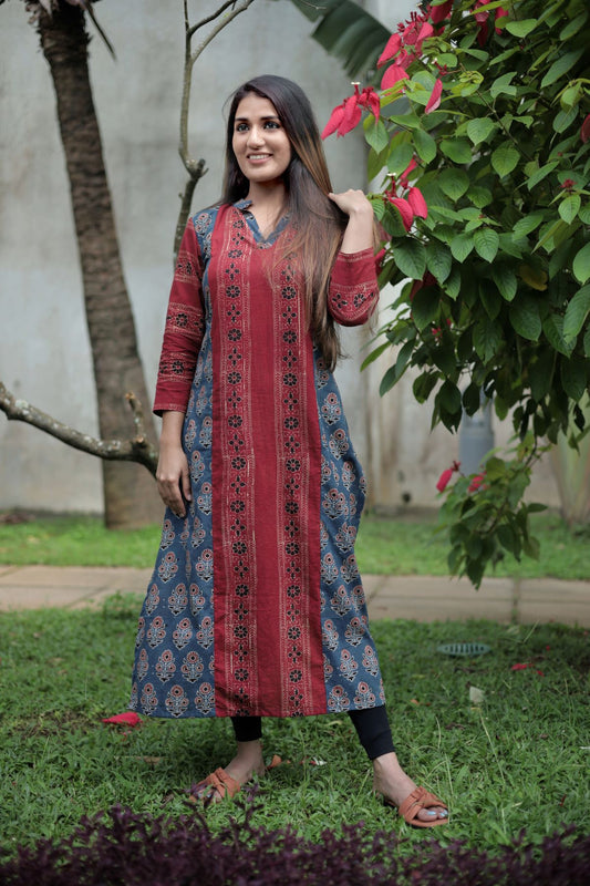 Ajrakh Cotton V Neck with Collar Paneled Straight Cut Kurta , Red - Blue, KA1039